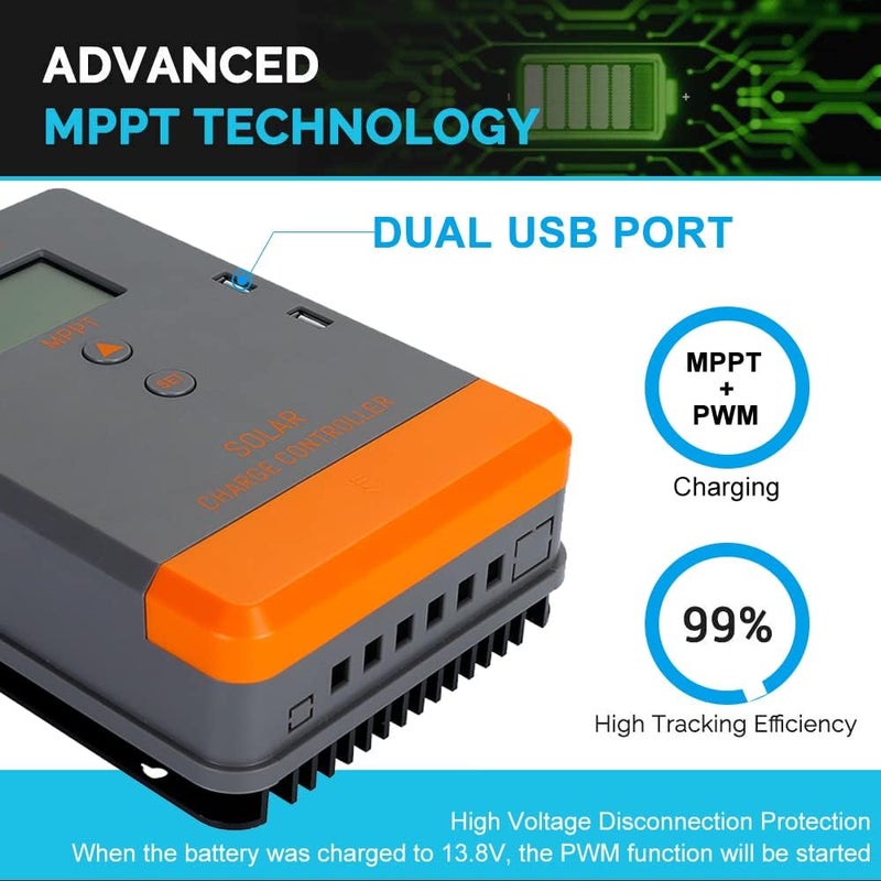 PowMr تحكم شحن الطاقة الشمسية MPPT 12V 24V 30Amp، وحدة تحكم mppt 30a منظم الطاقة الشمسية 30Aw/LCD عرض لبطاريات AGM، جل، مغمورة وليثيوم - Image 4